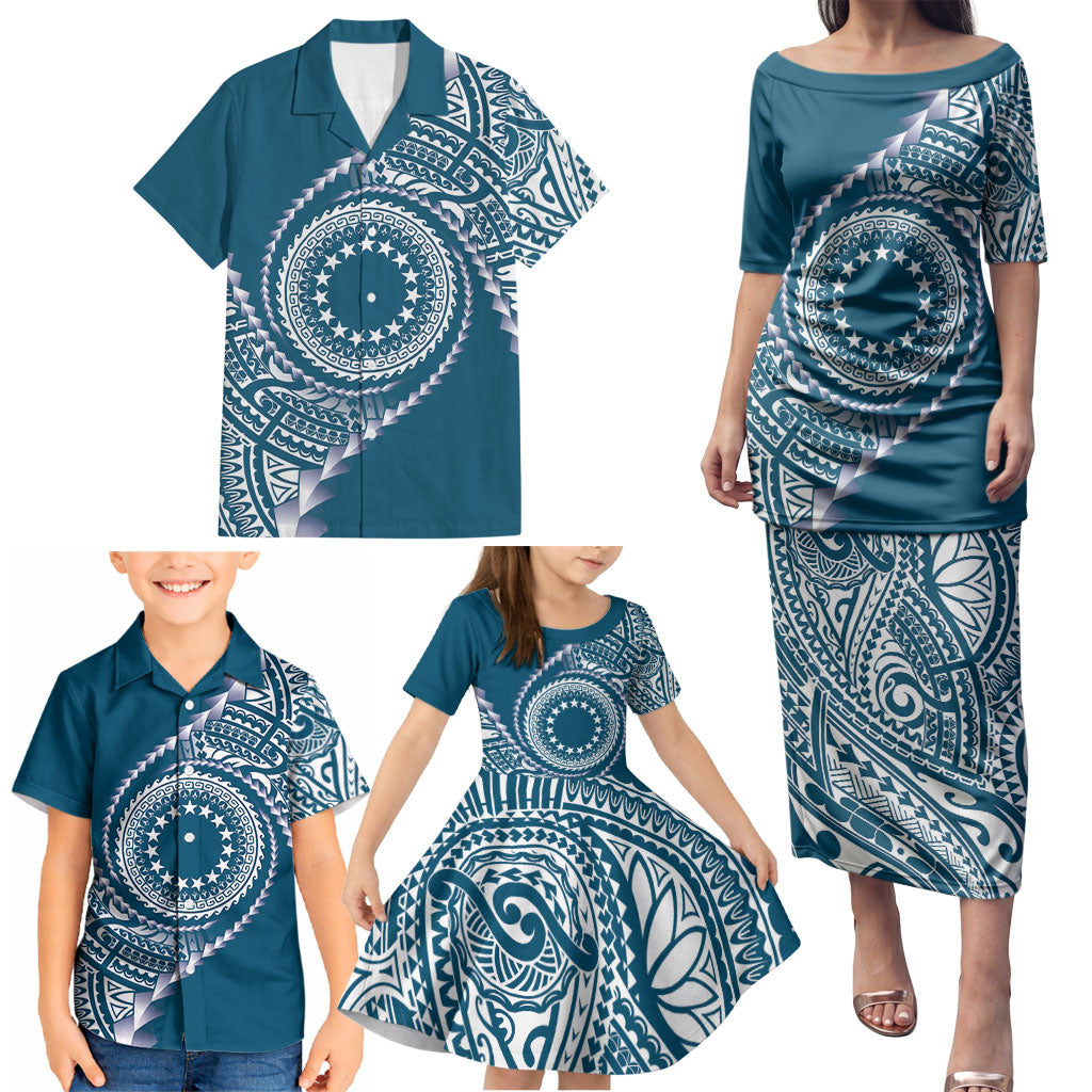 Cook Islands Gospel Day Family Matching Puletasi and Hawaiian Shirt Blue Tribal Curves