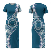 Cook Islands Gospel Day Family Matching Short Sleeve Bodycon Dress and Hawaiian Shirt Blue Tribal Curves