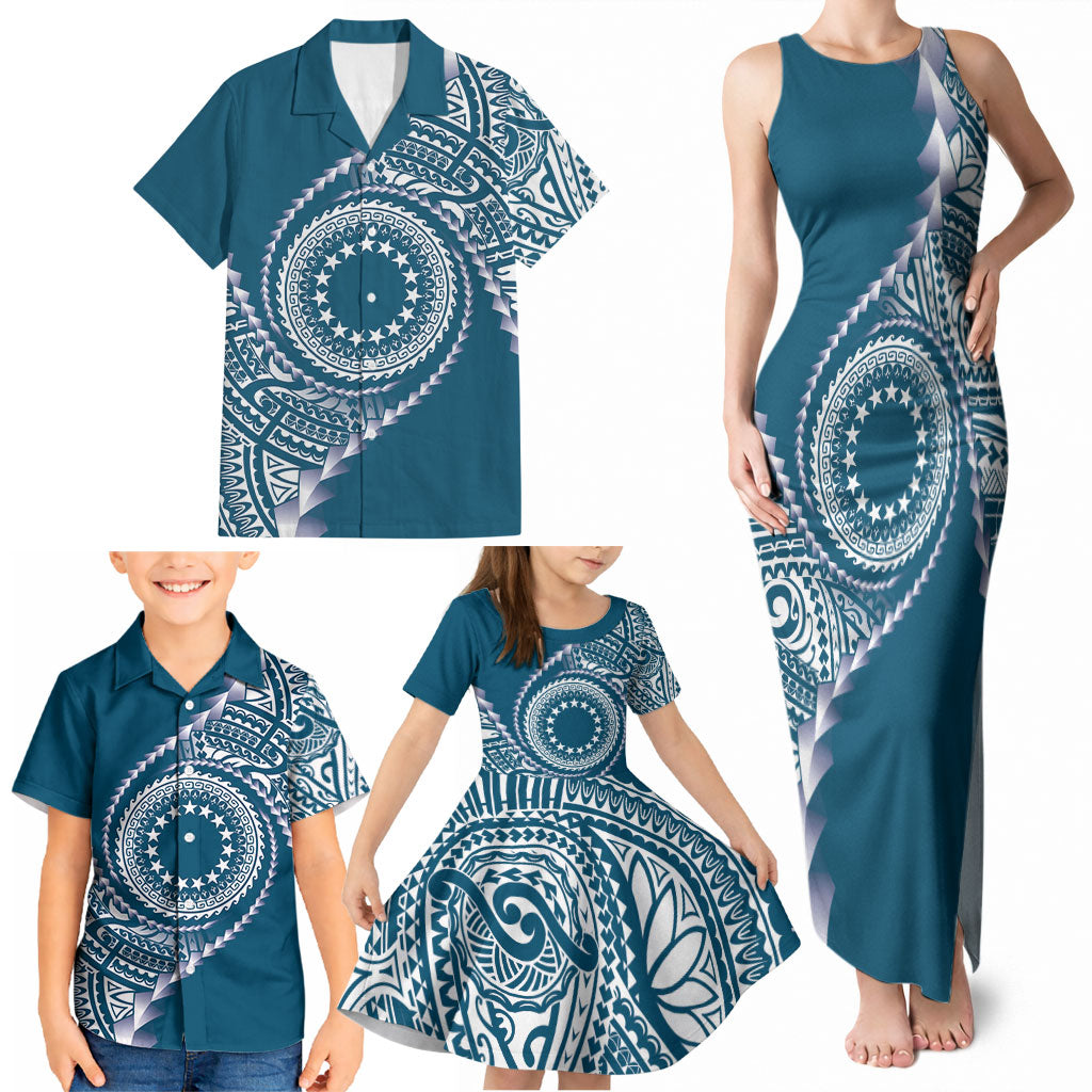 Cook Islands Gospel Day Family Matching Tank Maxi Dress and Hawaiian Shirt Blue Tribal Curves