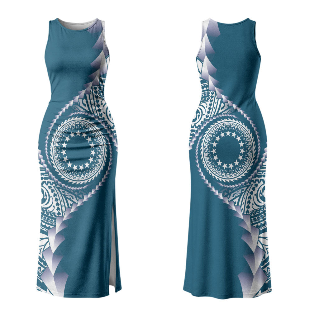 Cook Islands Gospel Day Family Matching Tank Maxi Dress and Hawaiian Shirt Blue Tribal Curves