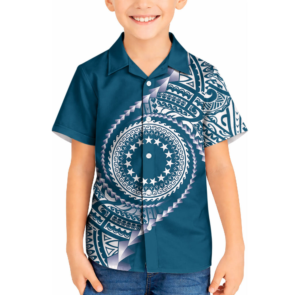 Cook Islands Gospel Day Kid Hawaiian Shirt Blue Tribal Curves