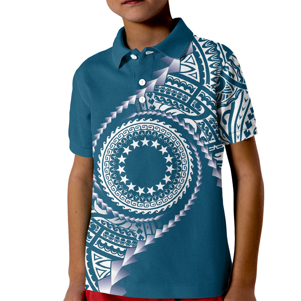 Cook Islands Gospel Day Kid Polo Shirt Blue Tribal Curves