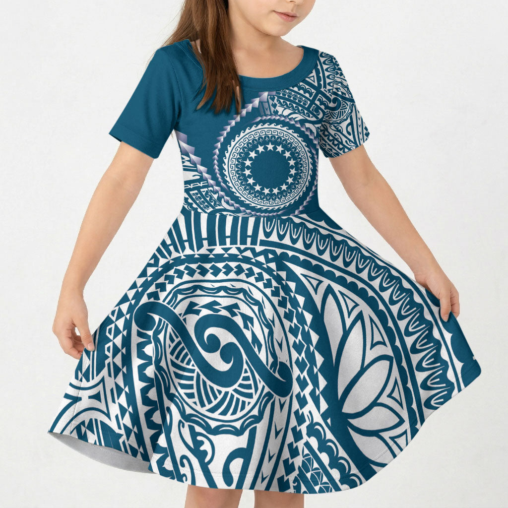 Cook Islands Gospel Day Kid Short Sleeve Dress Blue Tribal Curves
