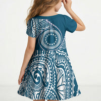 Cook Islands Gospel Day Kid Short Sleeve Dress Blue Tribal Curves