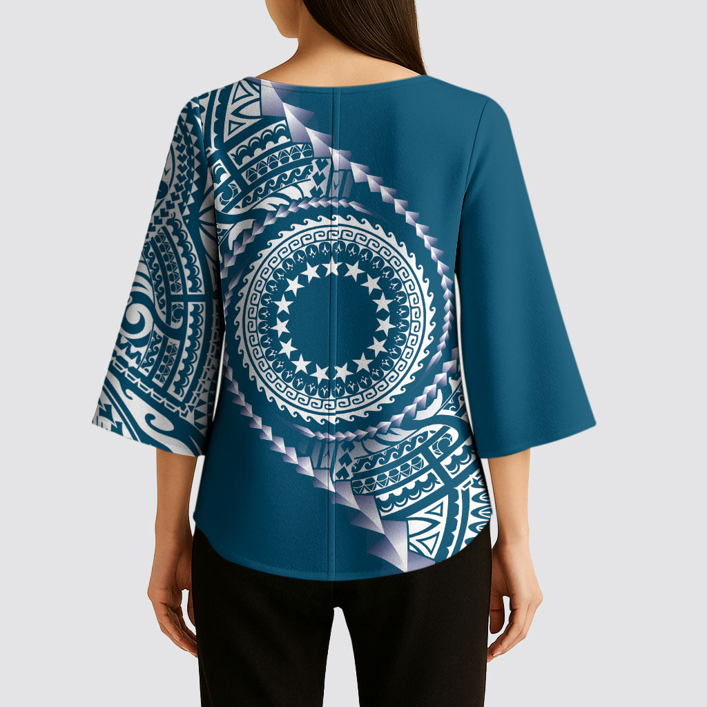 Cook Islands Gospel Day Kimono Sleeve Blouse Blue Tribal Curves