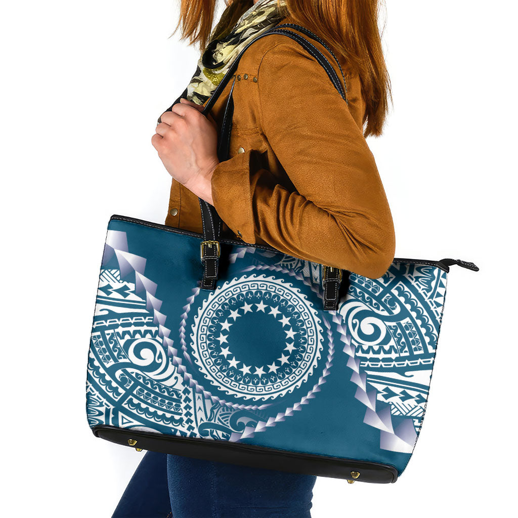 Cook Islands Gospel Day Leather Tote Bag Blue Tribal Curves LT05 Blue - Polynesian Pride