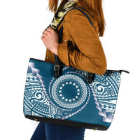 Cook Islands Gospel Day Leather Tote Bag Blue Tribal Curves