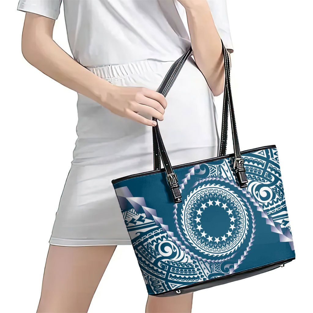 Cook Islands Gospel Day Leather Tote Bag Blue Tribal Curves