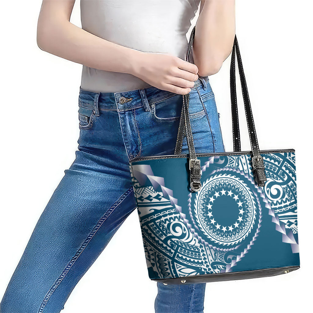 Cook Islands Gospel Day Leather Tote Bag Blue Tribal Curves