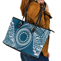 Cook Islands Gospel Day Leather Tote Bag Blue Tribal Curves