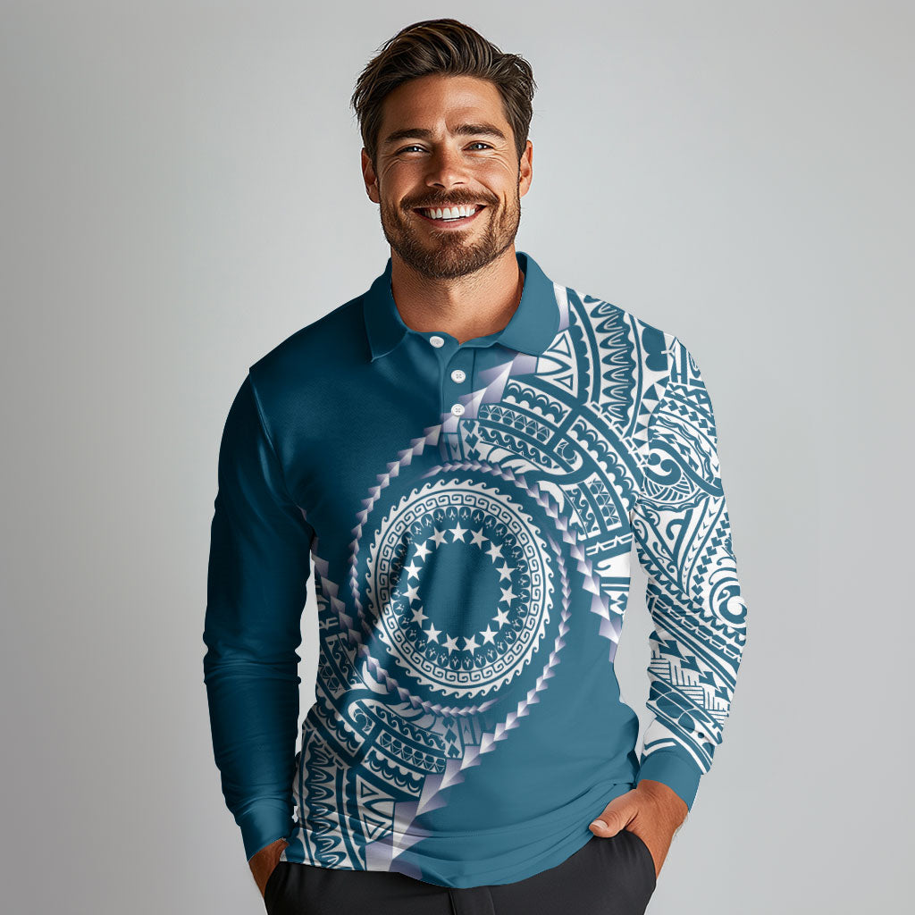Cook Islands Gospel Day Long Sleeve Polo Shirt Blue Tribal Curves