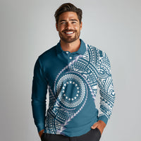 Cook Islands Gospel Day Long Sleeve Polo Shirt Blue Tribal Curves