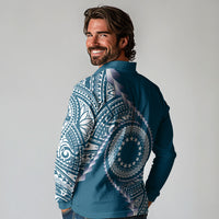 Cook Islands Gospel Day Long Sleeve Polo Shirt Blue Tribal Curves