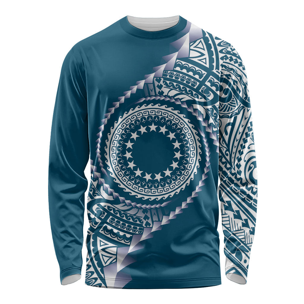 Cook Islands Gospel Day Long Sleeve Shirt Blue Tribal Curves