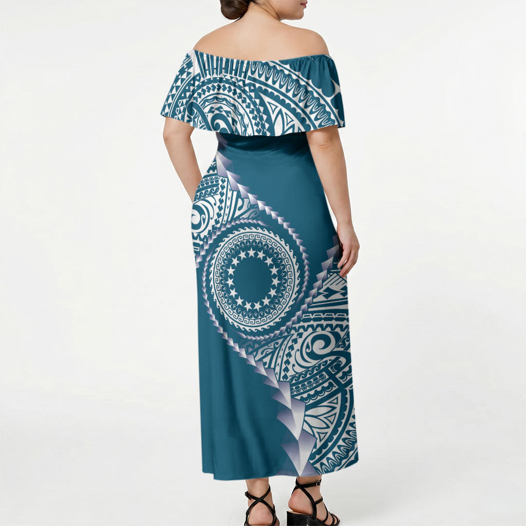 Cook Islands Gospel Day Off Shoulder Maxi Dress Blue Tribal Curves