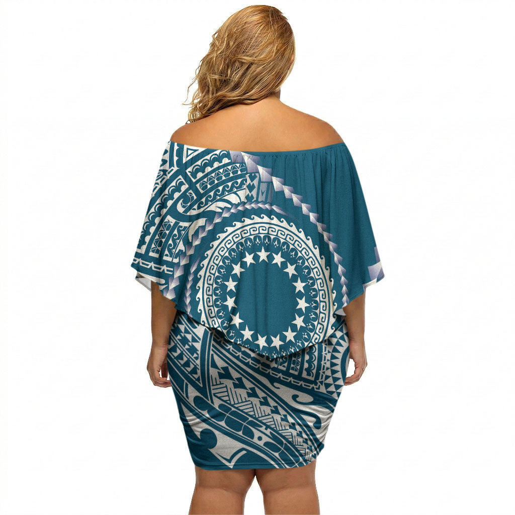 Cook Islands Gospel Day Off Shoulder Short Dress Blue Tribal Curves