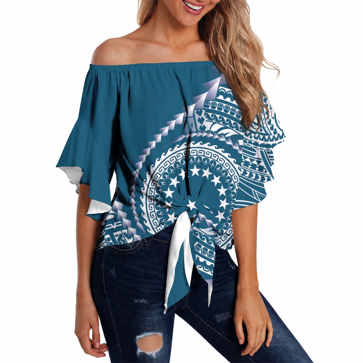 Cook Islands Gospel Day Off Shoulder Wrap Waist Top Blue Tribal Curves