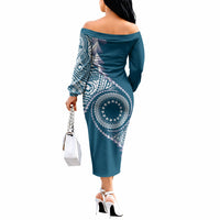 Cook Islands Gospel Day Off The Shoulder Long Sleeve Dress Blue Tribal Curves