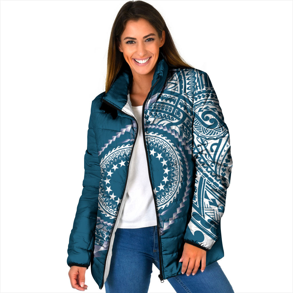 Cook Islands Gospel Day Padded Jacket Blue Tribal Curves