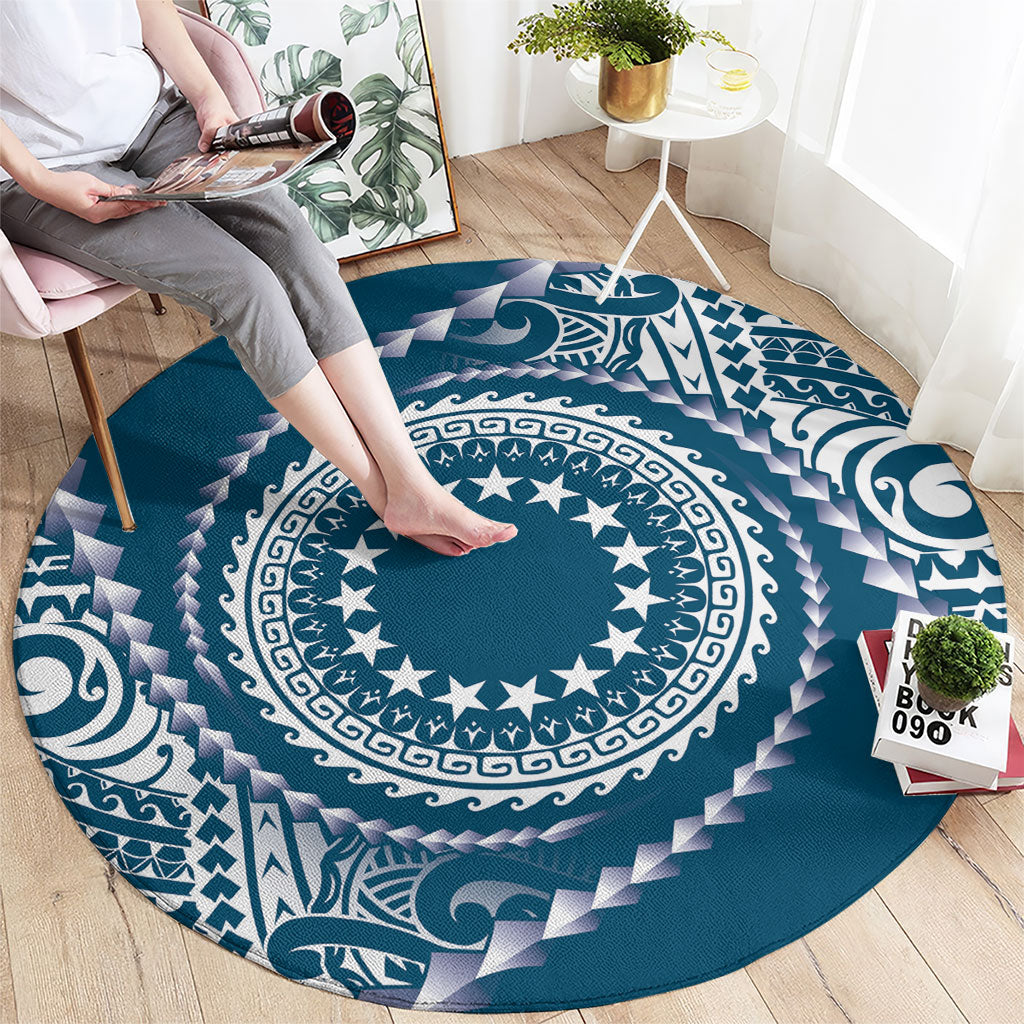 Cook Islands Gospel Day Round Carpet Blue Tribal Curves