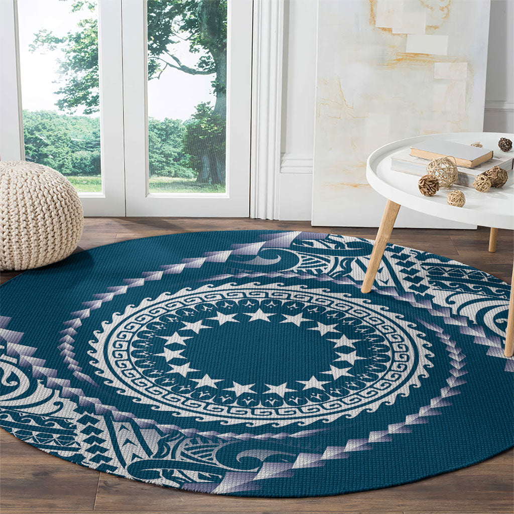 Cook Islands Gospel Day Round Carpet Blue Tribal Curves