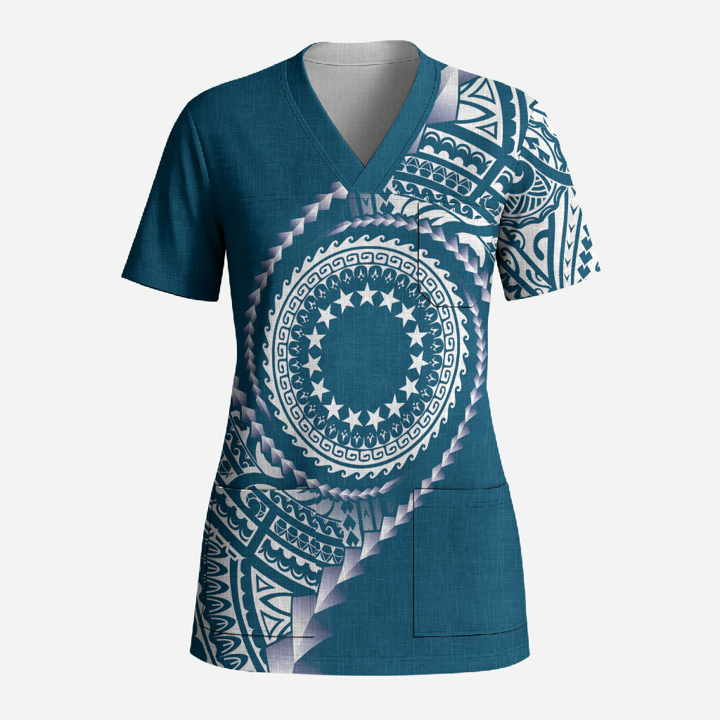Cook Islands Gospel Day Scrub Top Blue Tribal Curves