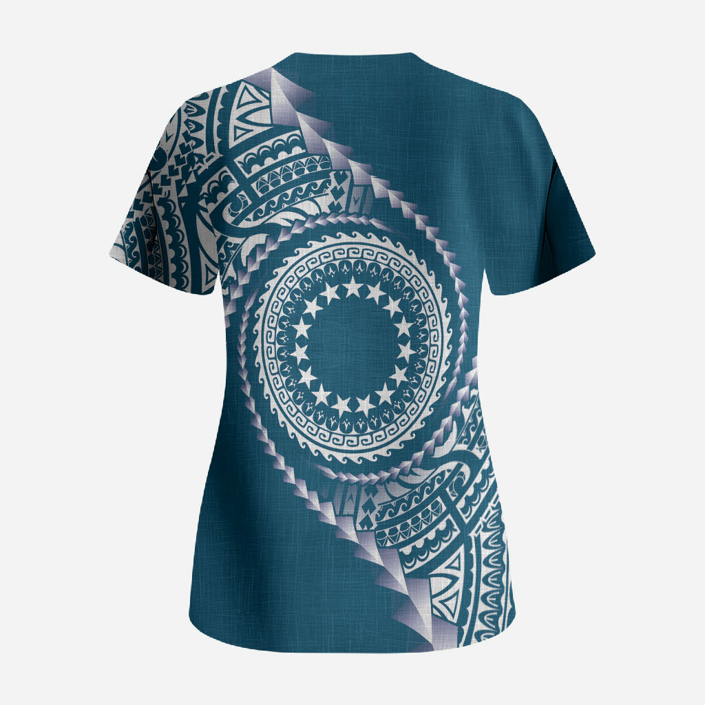 Cook Islands Gospel Day Scrub Top Blue Tribal Curves