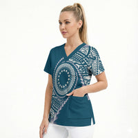 Cook Islands Gospel Day Scrub Top Blue Tribal Curves