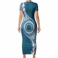 Cook Islands Gospel Day Short Sleeve Bodycon Dress Blue Tribal Curves