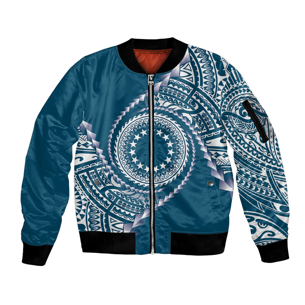 Cook Islands Gospel Day Sleeve Zip Bomber Jacket Blue Tribal Curves