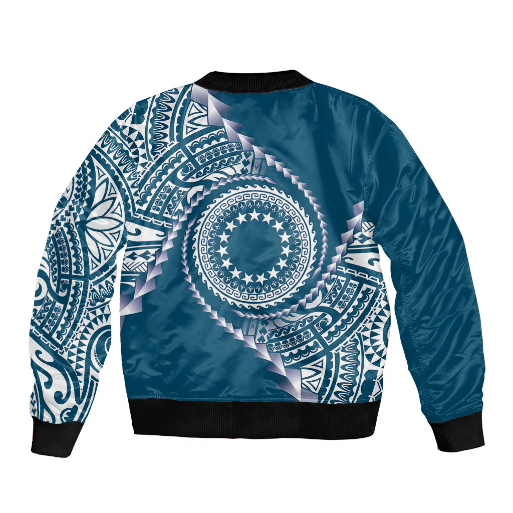 Cook Islands Gospel Day Sleeve Zip Bomber Jacket Blue Tribal Curves