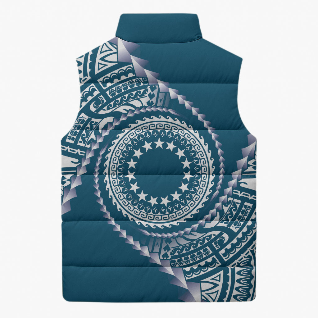 Cook Islands Gospel Day Sleeveless Puffer Jacket Blue Tribal Curves
