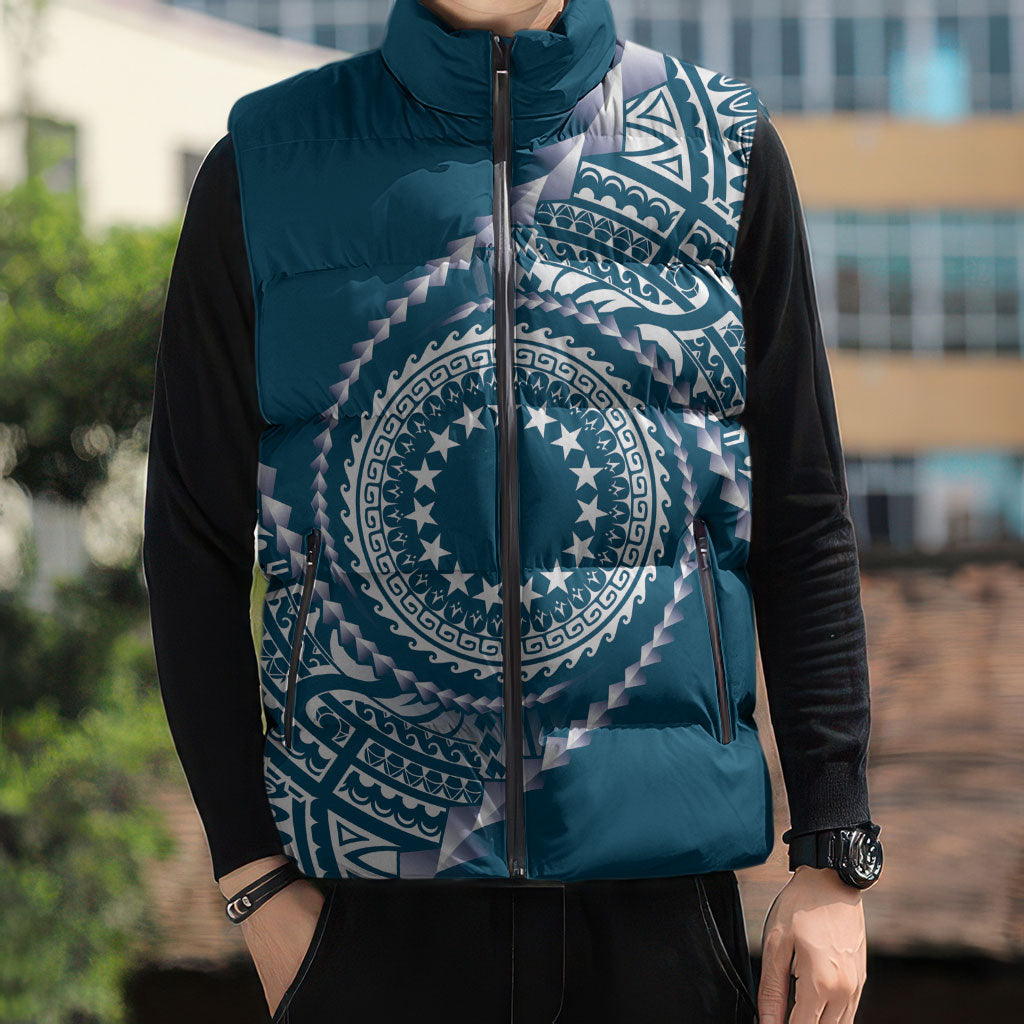 Cook Islands Gospel Day Sleeveless Puffer Jacket Blue Tribal Curves