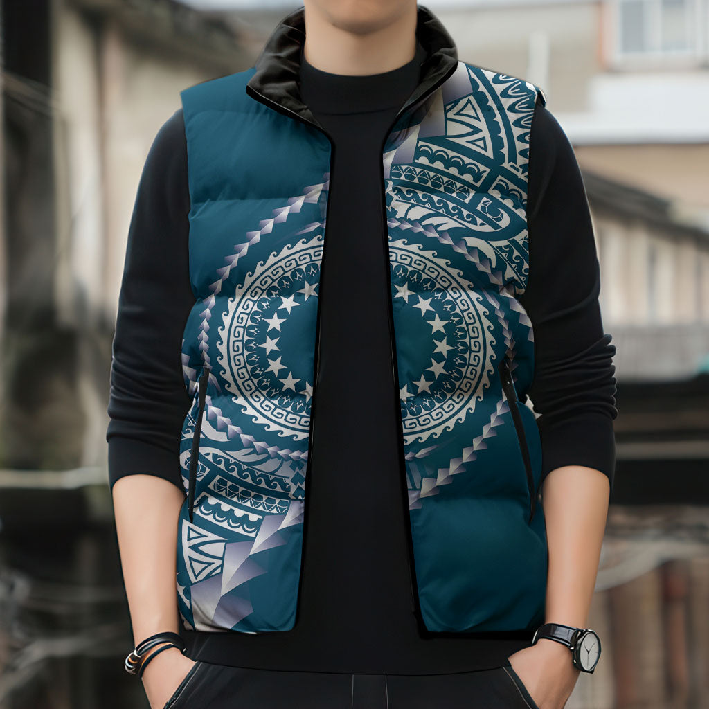 Cook Islands Gospel Day Sleeveless Puffer Jacket Blue Tribal Curves