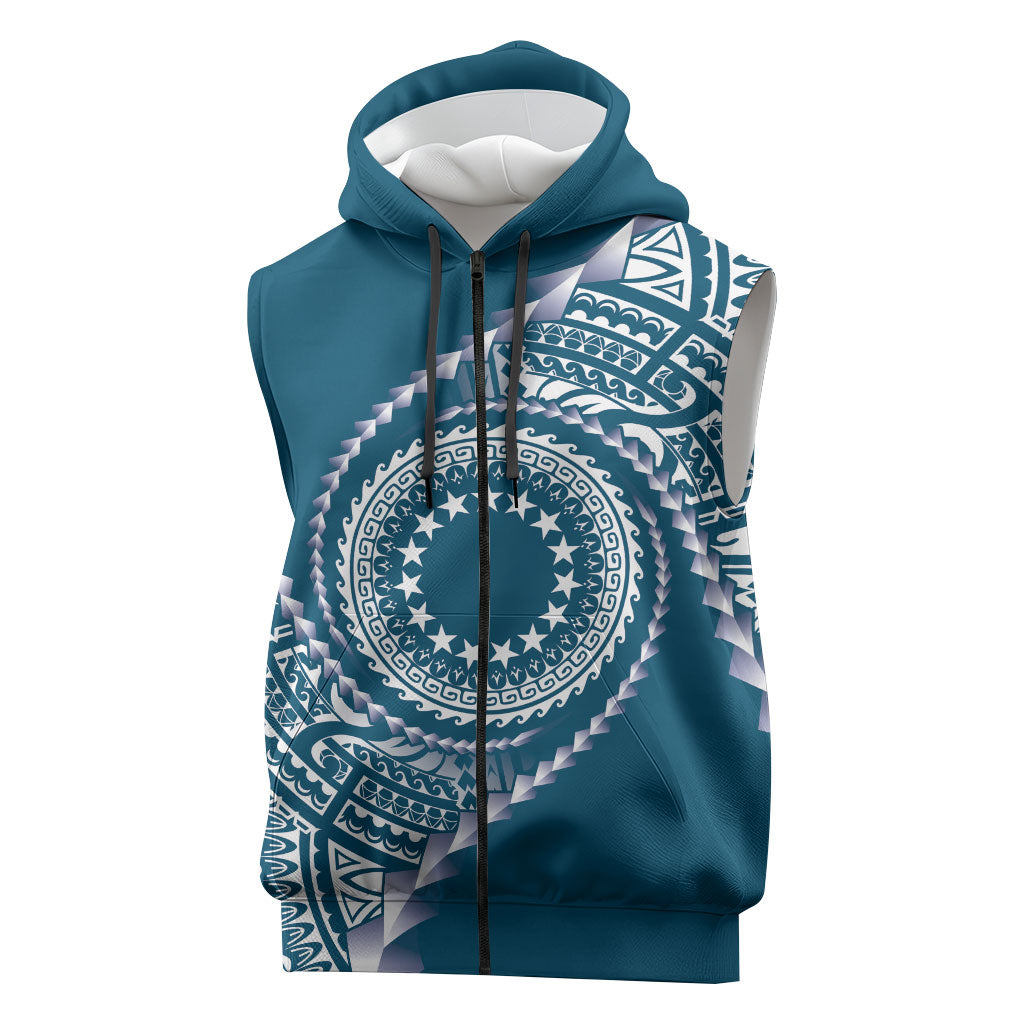 Cook Islands Gospel Day Sleeveless Zip Hoodie Blue Tribal Curves