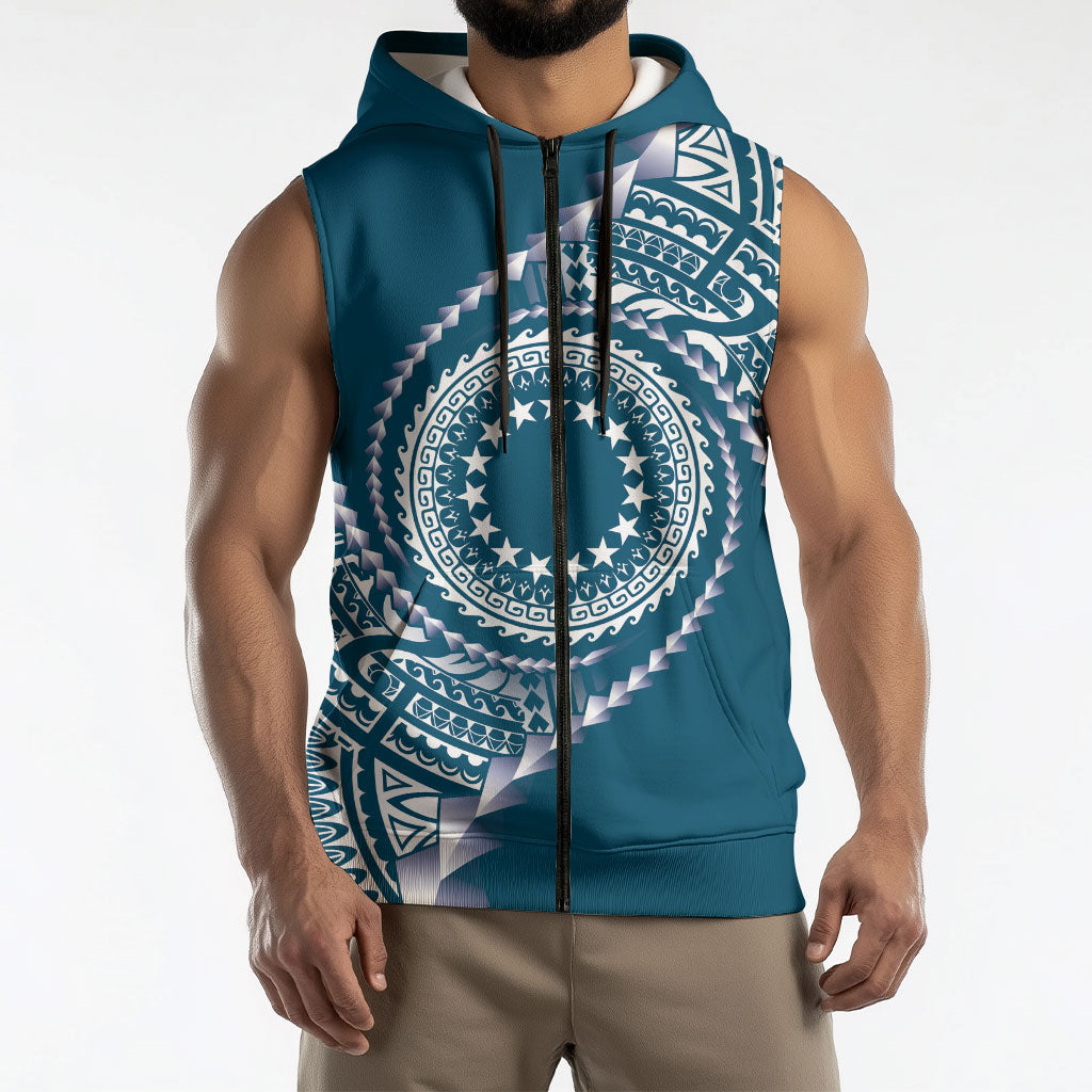 Cook Islands Gospel Day Sleeveless Zip Hoodie Blue Tribal Curves