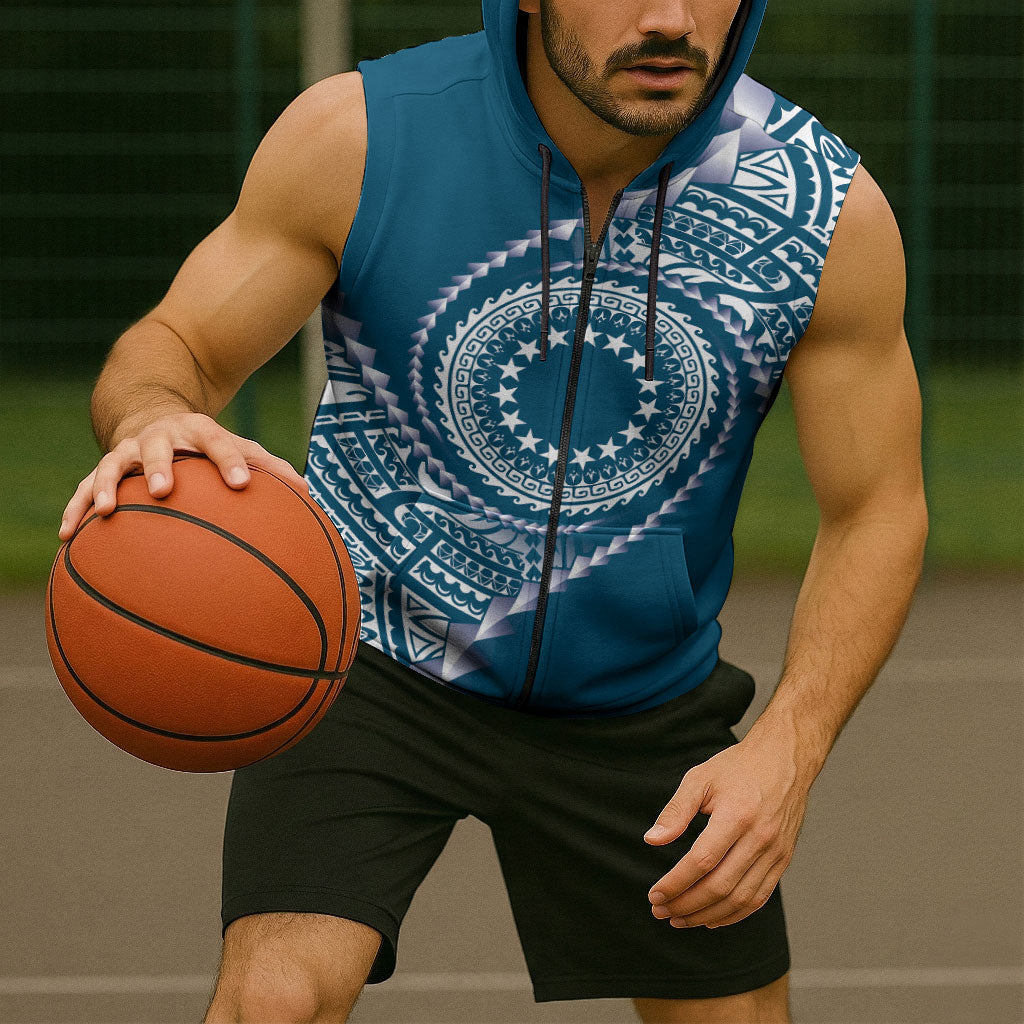 Cook Islands Gospel Day Sleeveless Zip Hoodie Blue Tribal Curves