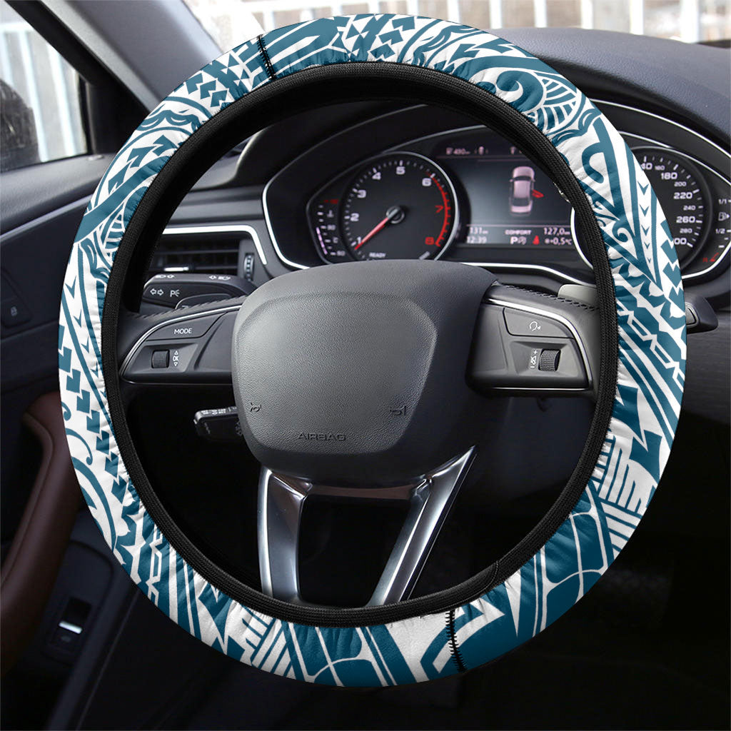 Cook Islands Gospel Day Steering Wheel Cover Blue Tribal Curves