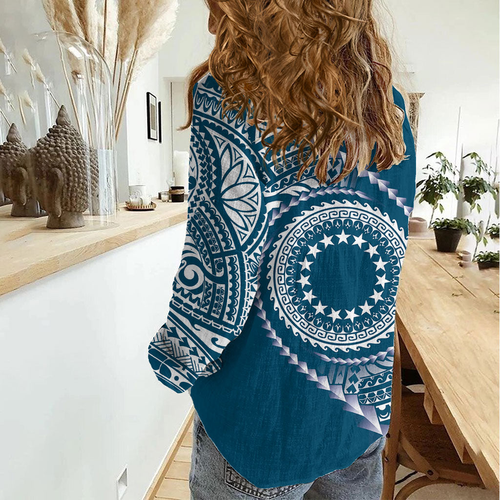 Cook Islands Gospel Day Women Casual Shirt Blue Tribal Curves