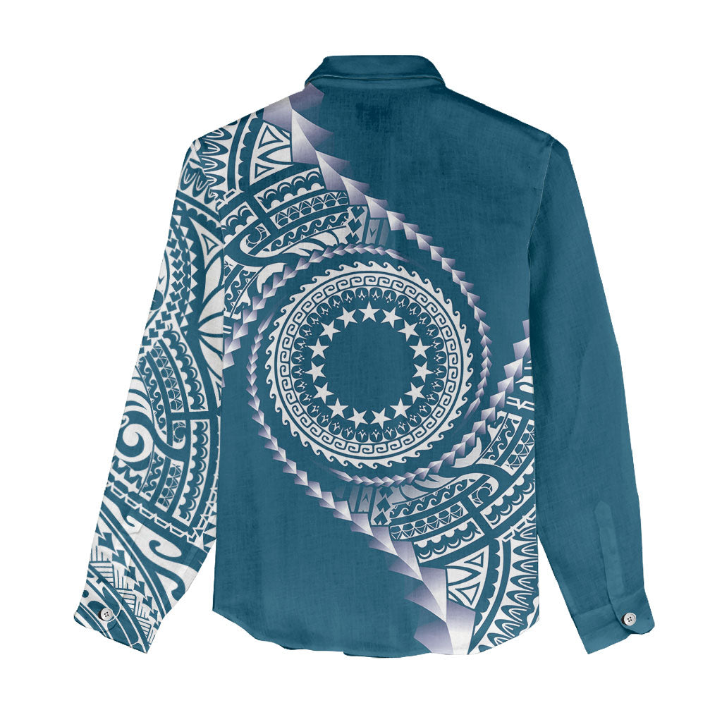 Cook Islands Gospel Day Women Casual Shirt Blue Tribal Curves