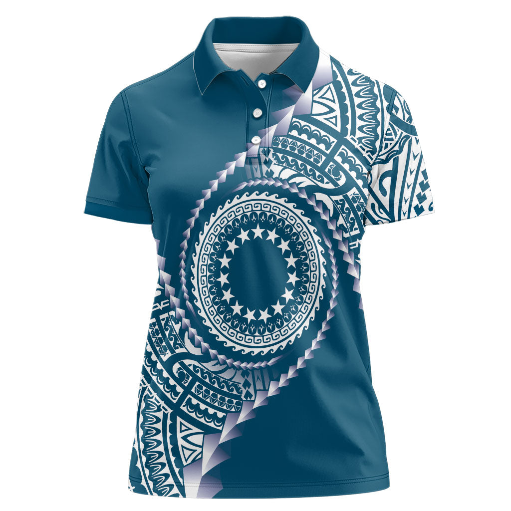 Cook Islands Gospel Day Women Polo Shirt Blue Tribal Curves LT05 Female Blue - Polynesian Pride