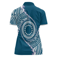 Cook Islands Gospel Day Women Polo Shirt Blue Tribal Curves