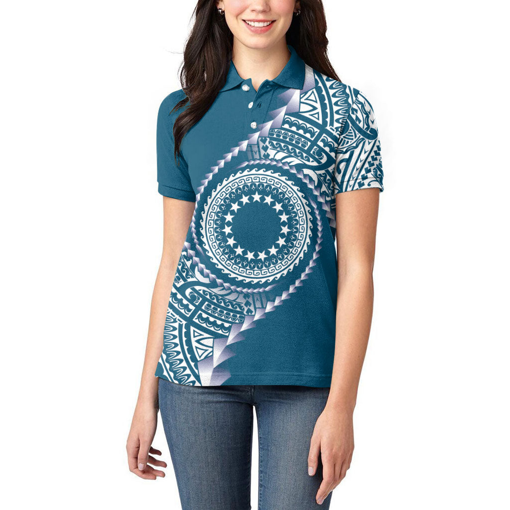 Cook Islands Gospel Day Women Polo Shirt Blue Tribal Curves