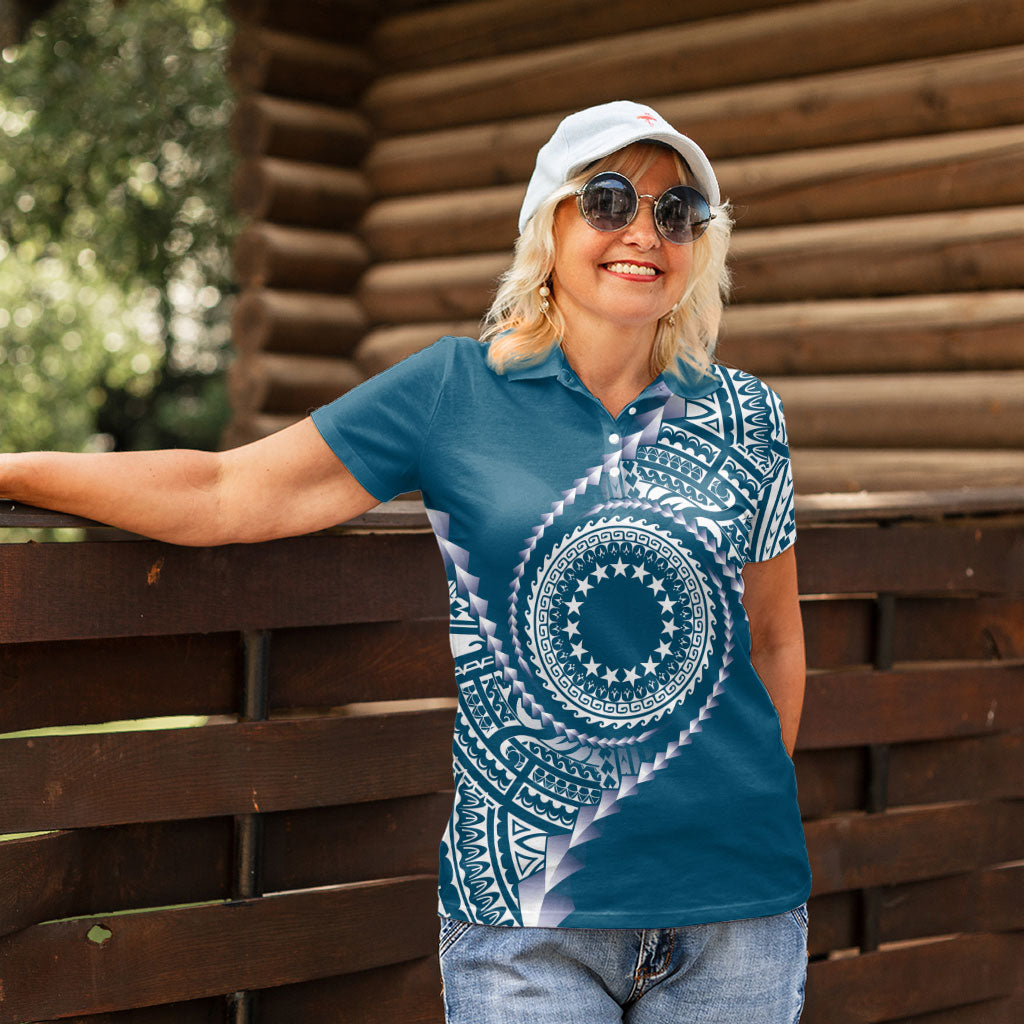Cook Islands Gospel Day Women Polo Shirt Blue Tribal Curves