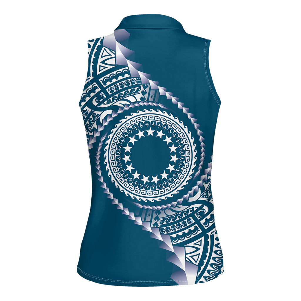 Cook Islands Gospel Day Women Sleeveless Polo Shirt Blue Tribal Curves