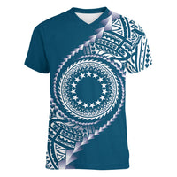 Cook Islands Gospel Day Women V-Neck T-Shirt Blue Tribal Curves