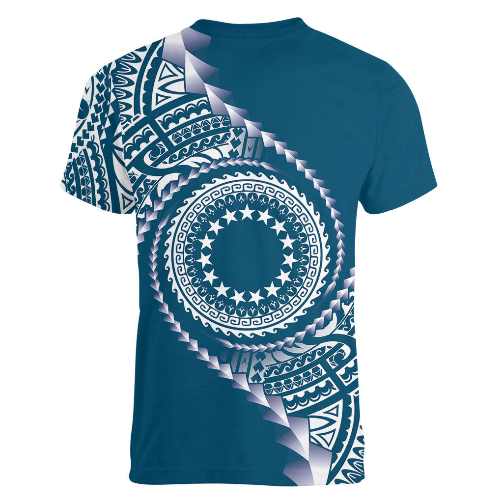 Cook Islands Gospel Day Women V-Neck T-Shirt Blue Tribal Curves