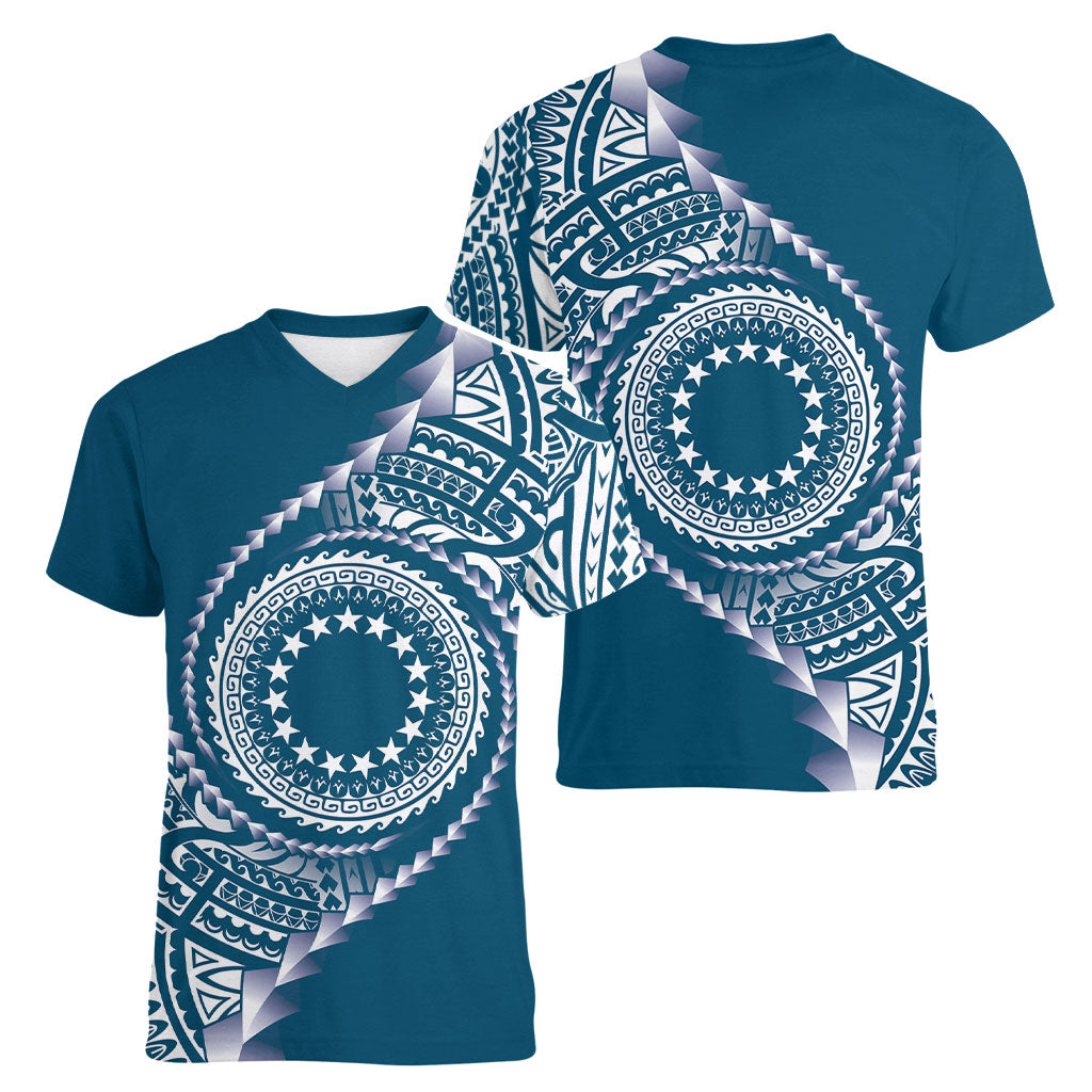 Cook Islands Gospel Day Women V-Neck T-Shirt Blue Tribal Curves