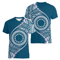 Cook Islands Gospel Day Women V-Neck T-Shirt Blue Tribal Curves