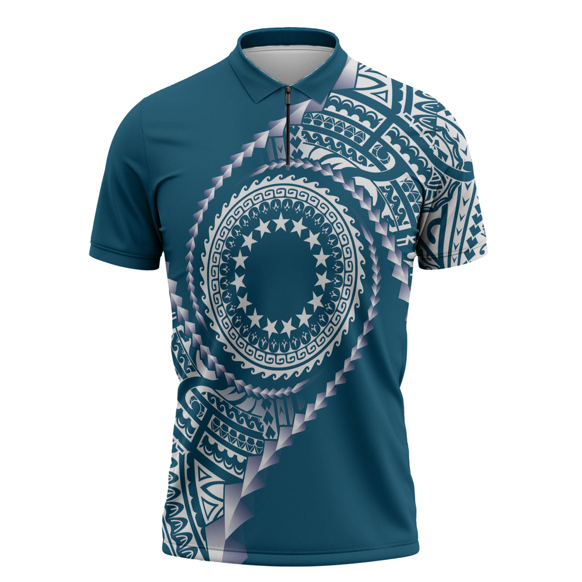 Cook Islands Gospel Day Zipper Polo Shirt Blue Tribal Curves
